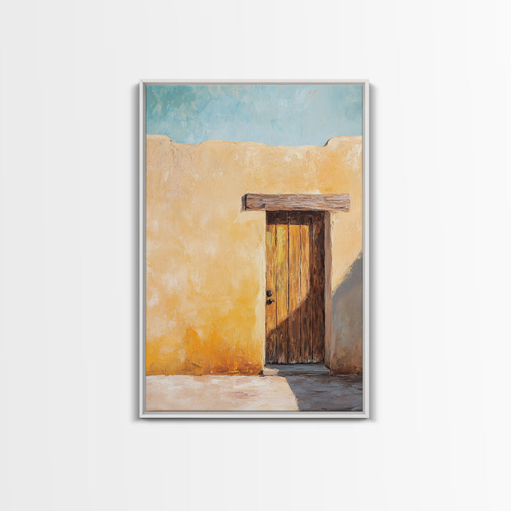 Rustic Adobe Door Framed Canvas Print Southwest Wall Art Desert Home Decor Bohemian Aesthetic Living Room Entryway Accent