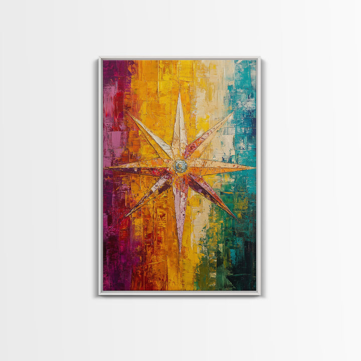 Compass Star Canvas Print Rustic Nautical Wall Art Adventure Decor Travel Lovers Gift Vibrant Abstract Living Room Artwork