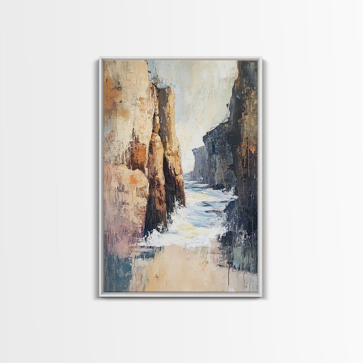 Canyon Coastal Waves Framed Canvas Print Dramatic Landscape Wall Art, Nature Painting, Rustic Western Art, Ocean Cliffs Artwork