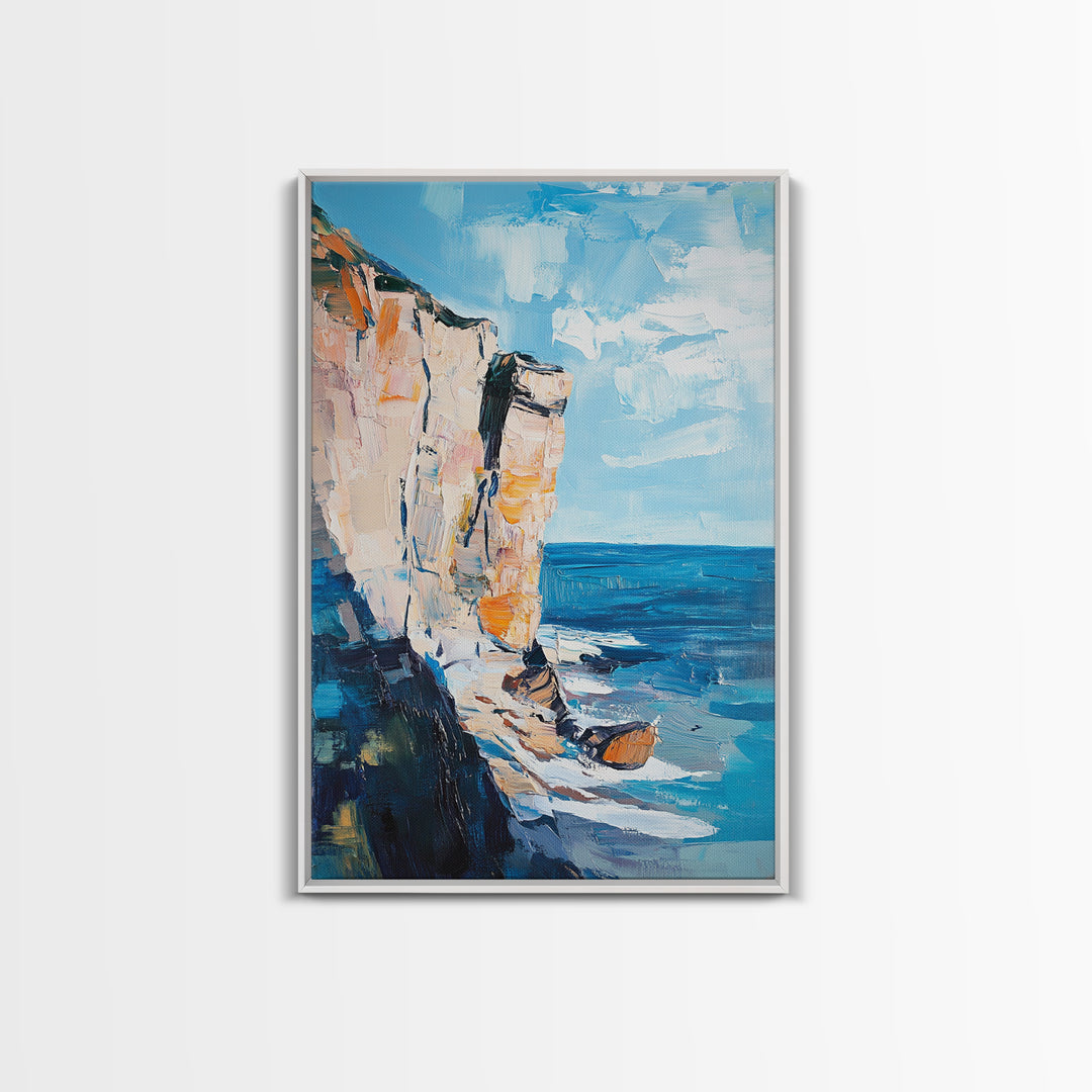 Coastal Cliff Art Framed Canvas Print | Beach Wall Decor | Ocean Landscape Painting | Seaside Home Art | Nautical Wall Art