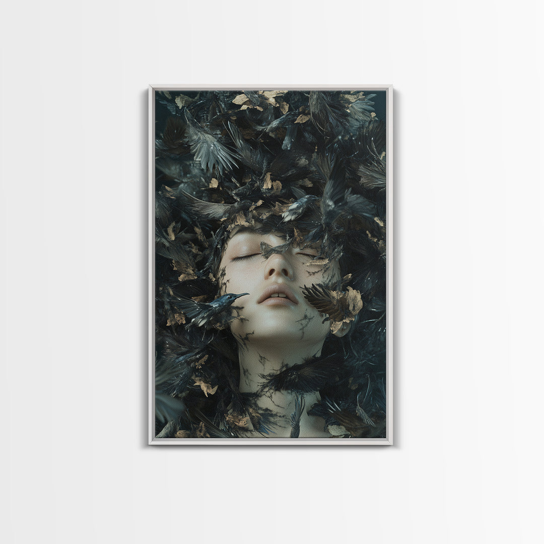 Dark Mystic Bird Canvas Print - Surreal Gothic Art, Moody Wall Decor, Dramatic Dreamscape Painting, Black Feather Fantasy Artwork