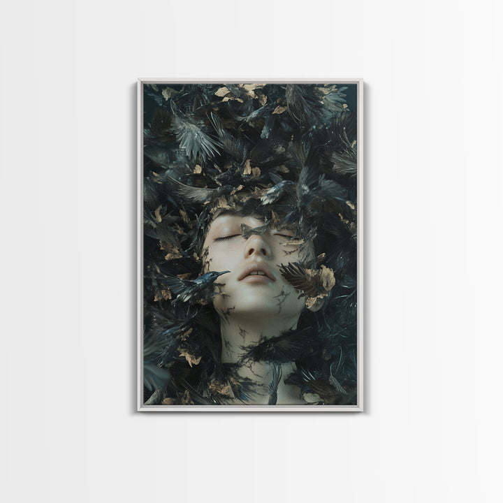 Dark Mystic Bird Canvas Print - Surreal Gothic Art, Moody Wall Decor, Dramatic Dreamscape Painting, Black Feather Fantasy Artwork