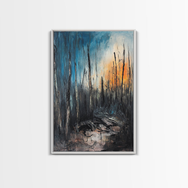 Burnt Forest, Forest At Dusk Painting, Moody Art, Nature Wall Art, Dark Landscape Painting, Abstract Forest Art, Framed Canvas Print