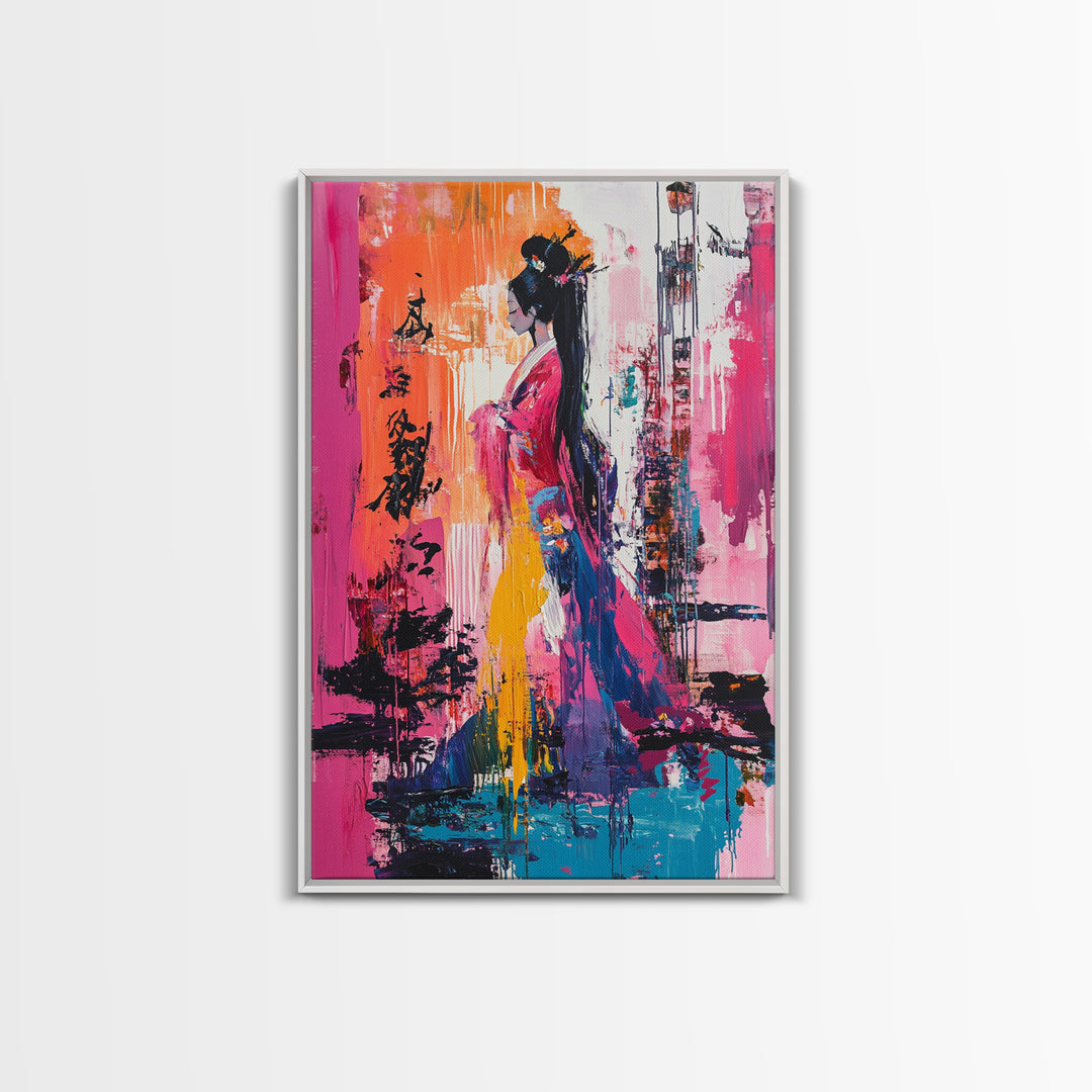 Abstract Geisha, Colorful Woman Art, Japanese Painting, Wabi Sabi Art, Boho Art, Pink Wall Art, Framed Canvas Print, Gift Idea
