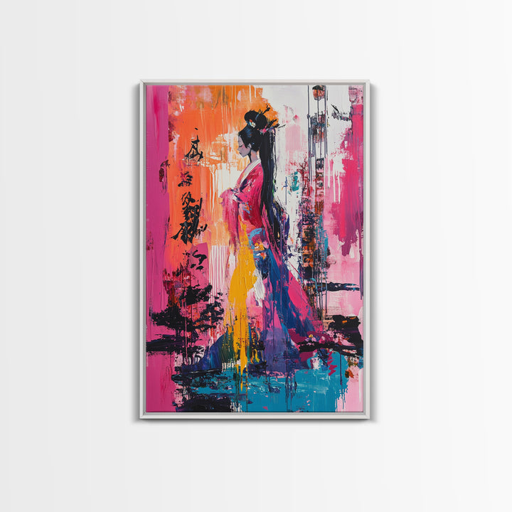 Abstract Geisha, Colorful Woman Art, Japanese Painting, Wabi Sabi Art, Boho Art, Pink Wall Art, Framed Canvas Print, Gift Idea