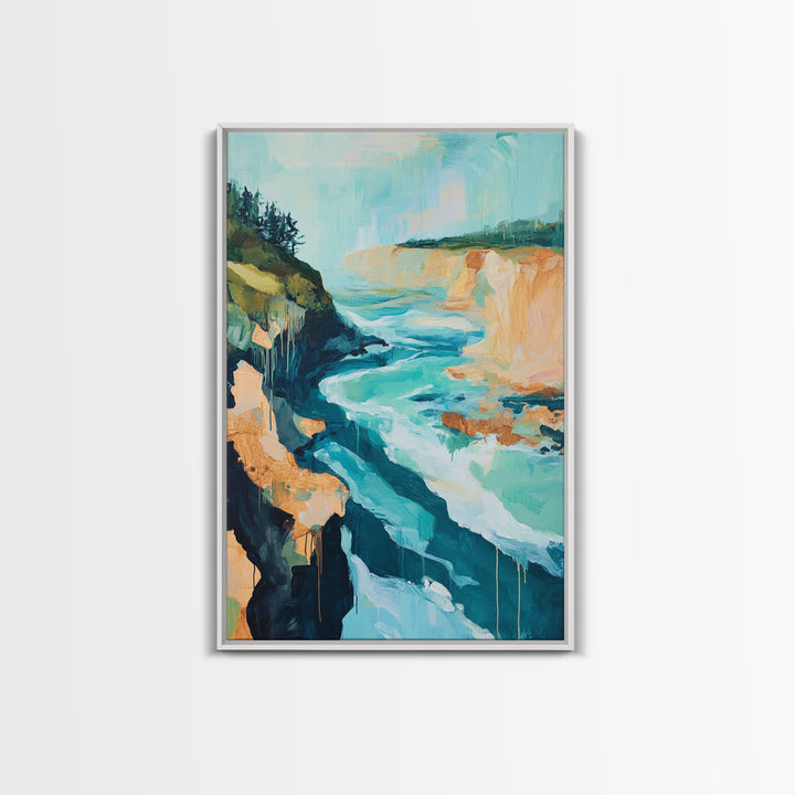Coastal Cliffs, Nautical Painting, Seascape Painting, Rustic Decor, Extra Wide Art, Above Bed Wall Art, Framed Canvas Print