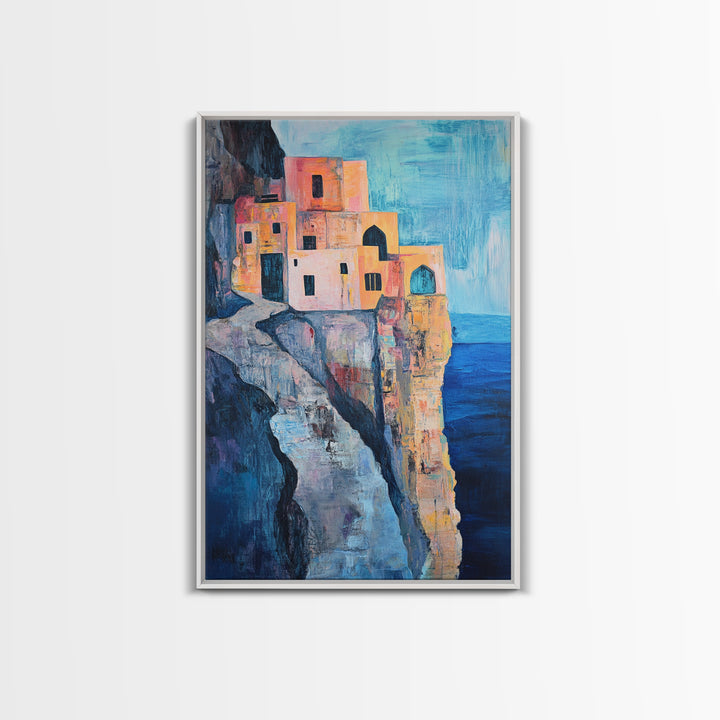 Cliffside Village, Mediterranean Art, Coastal Wall Art, Seascape Painting, Boho Art, Rustic Wall Art, Framed Canvas Print