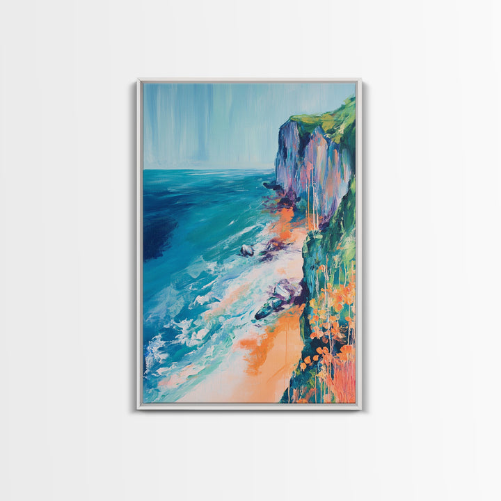 Ocean Cliffs, Coastal Decor, Nautical Wall Art, Landscape Painting, Seascape Painting, California Poppy Art, Canvas Print