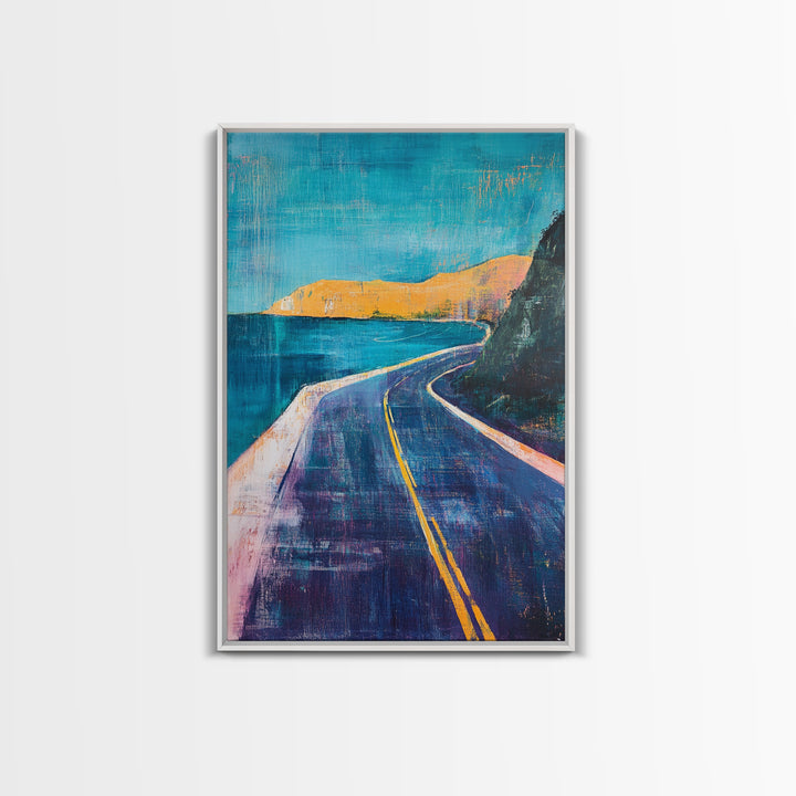 Coastal Highway, surf wall art, coastal decor, scenic road painting, living room art, minimalist art, Framed Canvas Print, gift idea