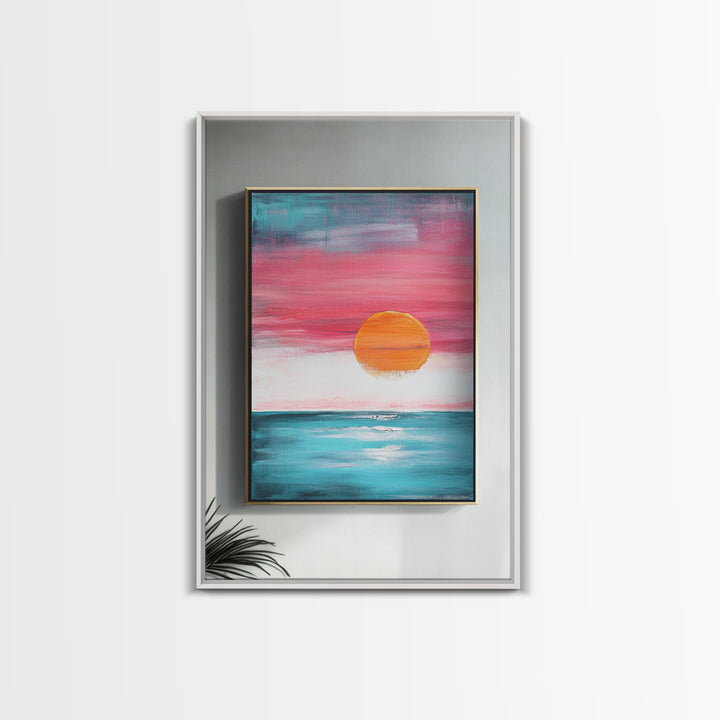 Sunset Horizon, pink orange wall art, nautical painting, coastal decor, above bed wall art, wabi sabi art, Framed Canvas Print, boho art