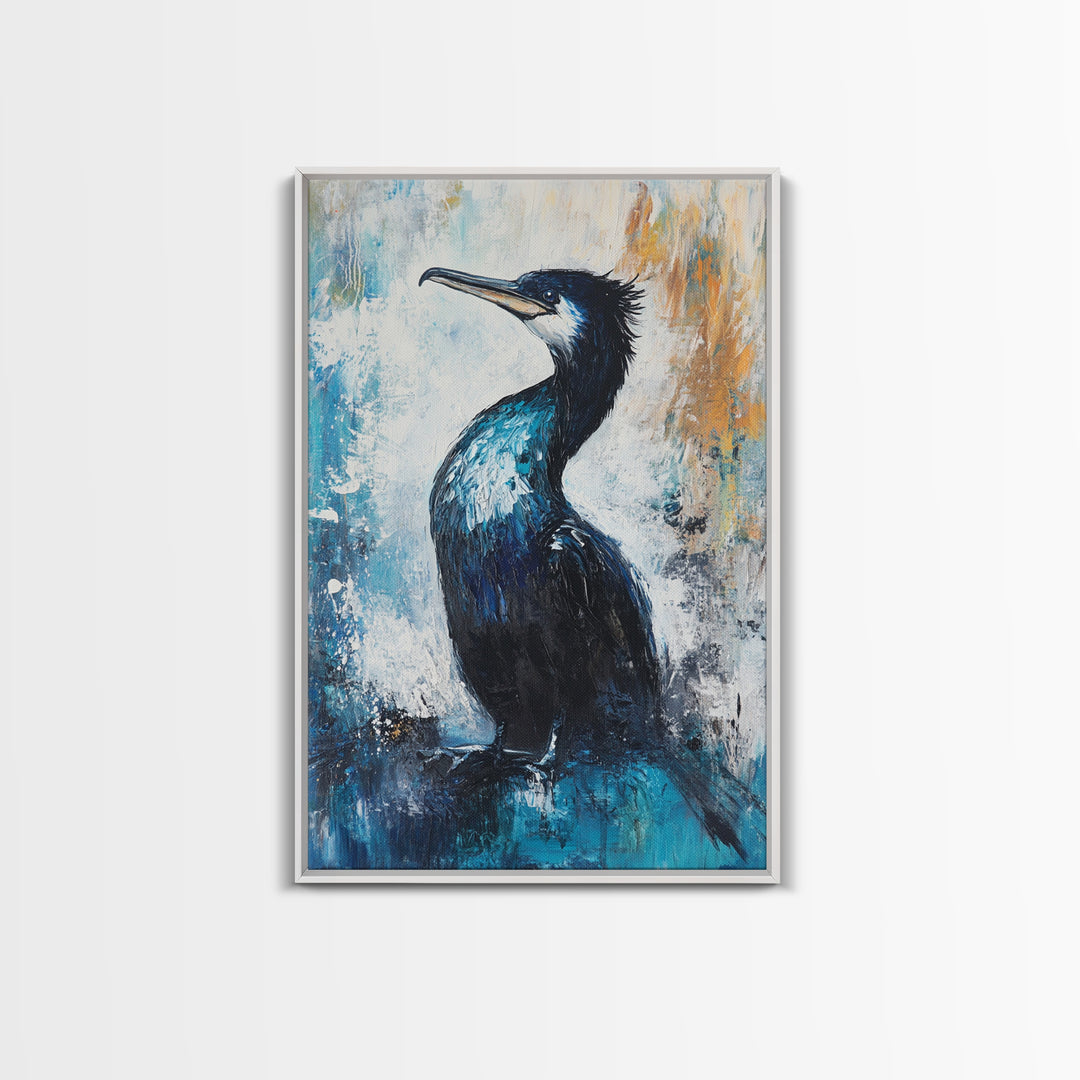 Blue Heron, bird art, rustic wall art, coastal landscape art, moody art, wildlife painting, Framed Canvas Print, nature-inspired decor