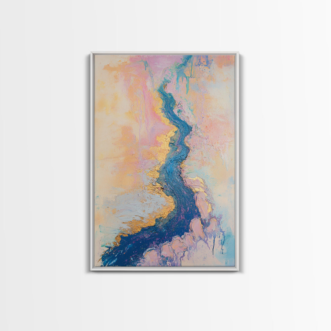 River Gold, gemstone painting, abstract landscape painting, pastel wall art, wabi sabi wall art, Framed Canvas Print, gift idea for her