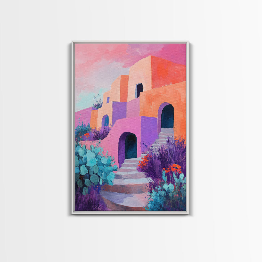Desert House, Southwest Art, Colorful Adobe Painting, Boho Wall Art, Pink Orange Wall Art, Living Room Art, Framed Canvas Print