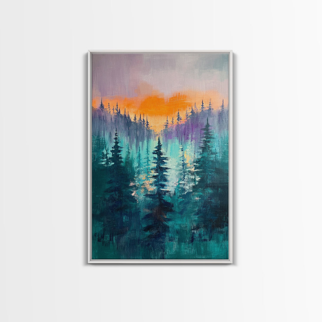 pine tree art, landscape painting, framed canvas print, mountain painting, forest at dusk painting, rustic wall art, gift idea