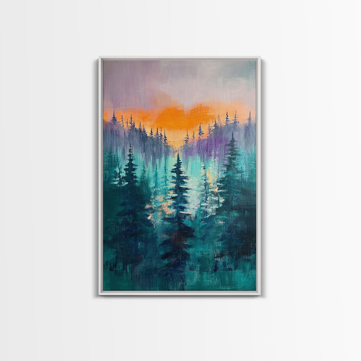 pine tree art, landscape painting, framed canvas print, mountain painting, forest at dusk painting, rustic wall art, gift idea