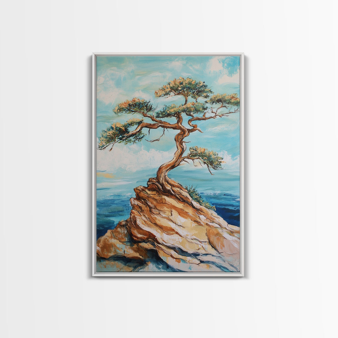 Bonsai Cliff, Pine Tree Art, Coastal Landscape Art, Nautical Decor, Coastal Wall Art, Canvas Print, Living Room Art, Gift Idea
