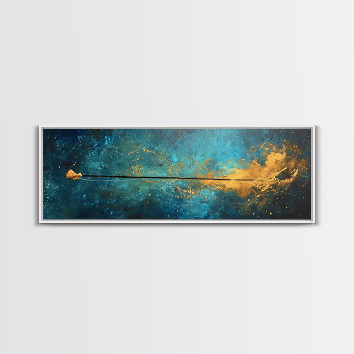 Cosmic Fishing Line Canvas Print Abstract Space Wall Art Gold and Blue Modern Artwork Celestial Decor Living Room Framed Art