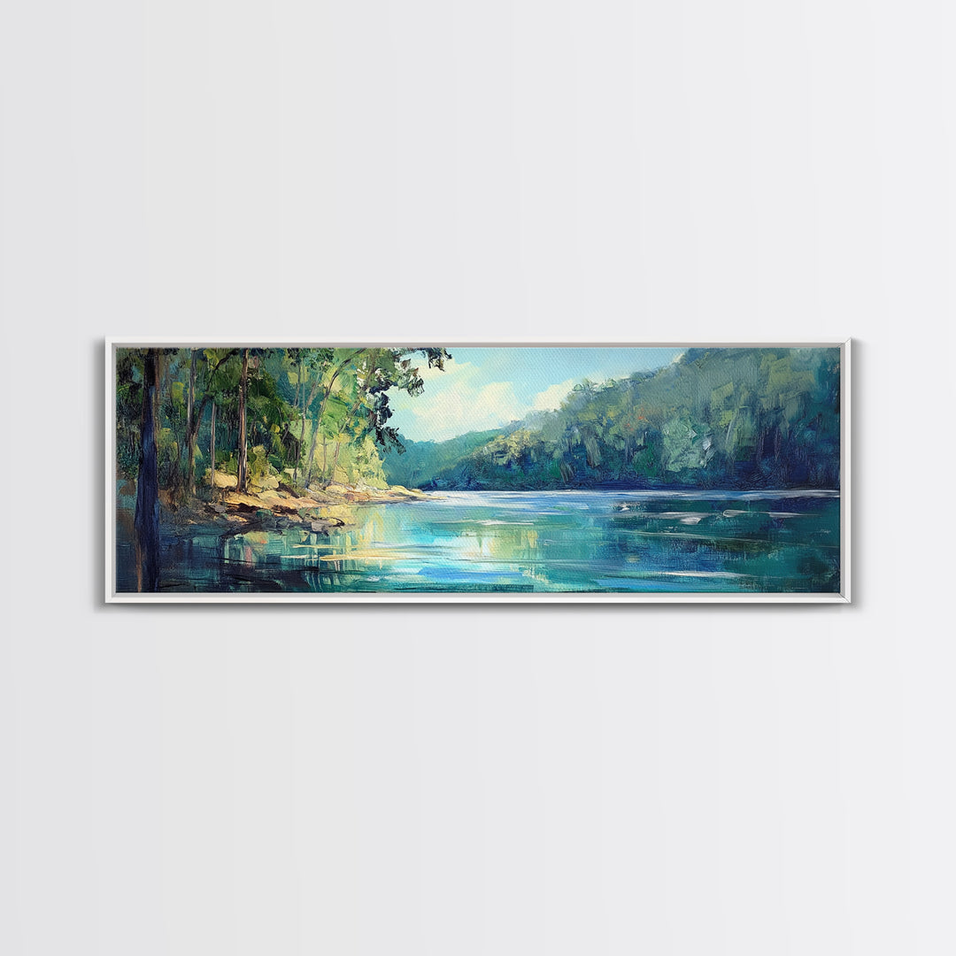 River Valley Framed Canvas Print Tranquil Nature Wall Art, Lush Green Landscape, Summer Cabin Artwork, Rustic Living Room Decor