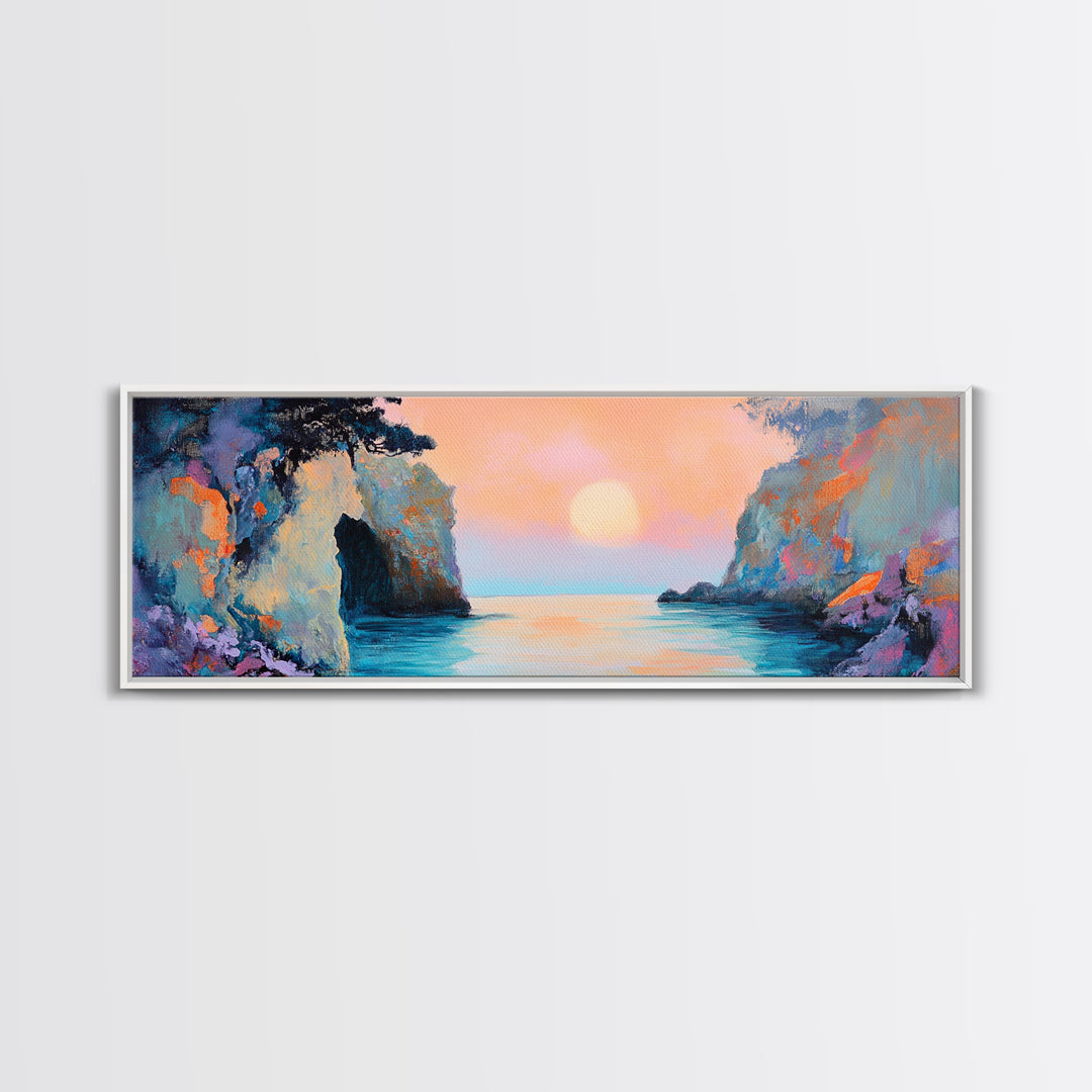 Romantic Sunset Bay Framed Canvas Print Coastal Landscape Wall Art Pastel Tones Boho Home Decor Bedroom Living Room Gift