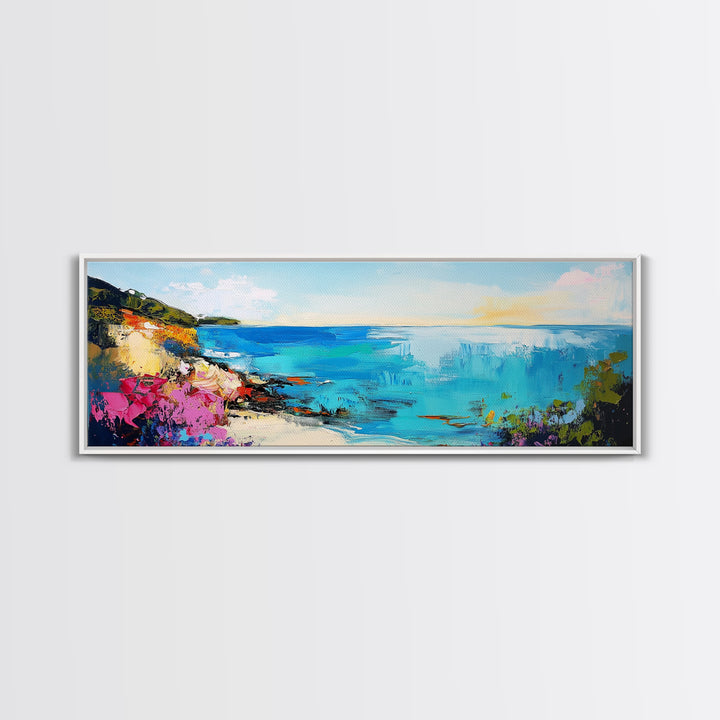 Coastal Cliffside Beauty Framed Canvas Print Impressionist Ocean Wall Art Vibrant Seaside Home Decor Living Room Gift