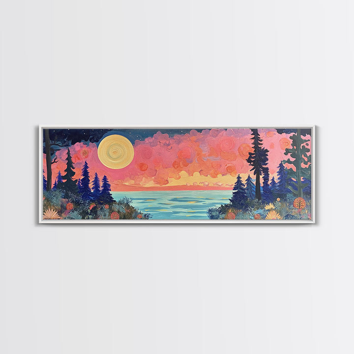 Mystical Moonlight Landscape Framed Canvas Print, Dreamy Forest Art, Boho Sunset Wall Art, Celestial Painting, Living Room Decor