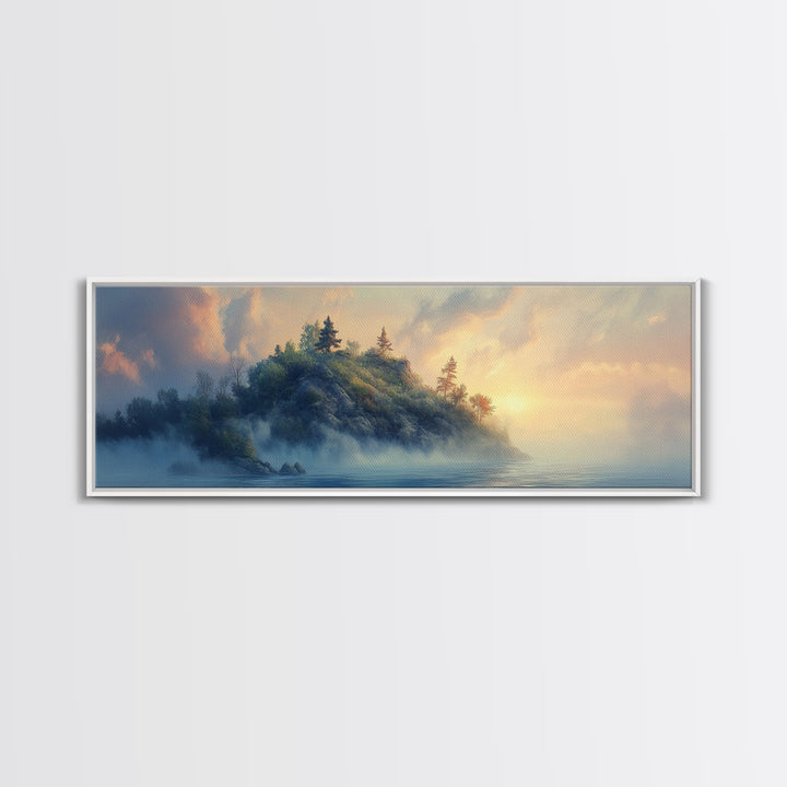 Misty Island Sunrise Canvas Print - Scenic Landscape Wall Art, Living Room Decor, Soft Light Artwork, Serene Home Office Art