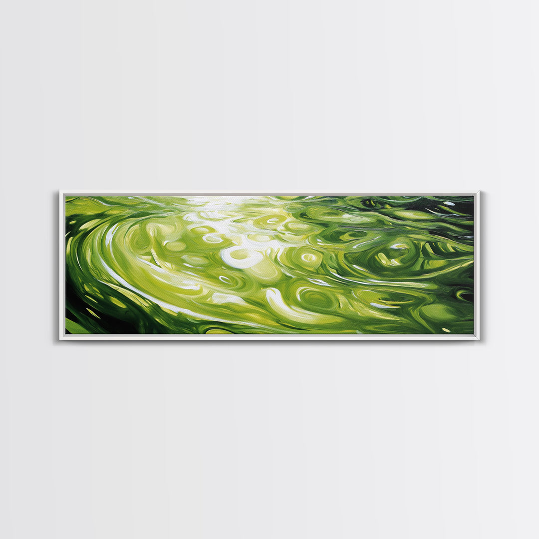 Abstract Green Swirl Painting, Modern Contemporary Wall Art, Nature Inspired Water Reflection, Trendy Office, Framed Canvas Print