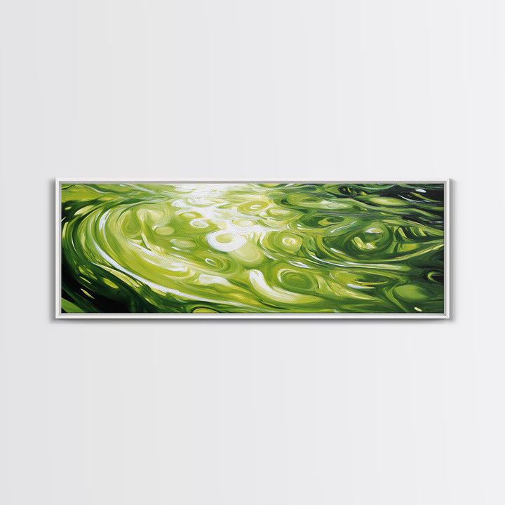 Abstract Green Swirl Painting, Modern Contemporary Wall Art, Nature Inspired Water Reflection, Trendy Office, Framed Canvas Print