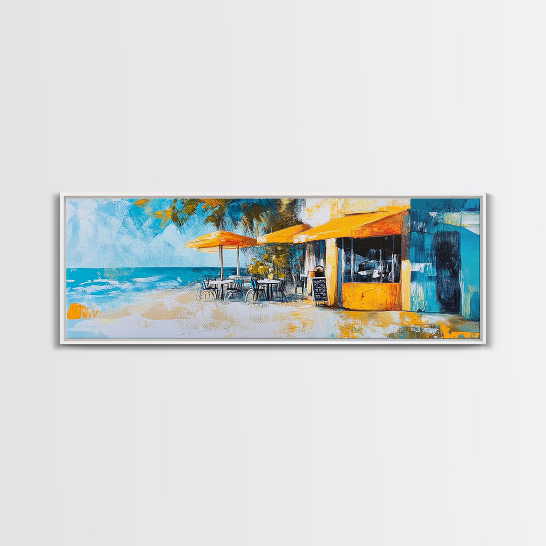 Beachfront Café Painting, Rustic Coastal Restaurant Art, Vibrant Nautical Wall Decor, Warm and Inviting Kitchen, Canvas Print