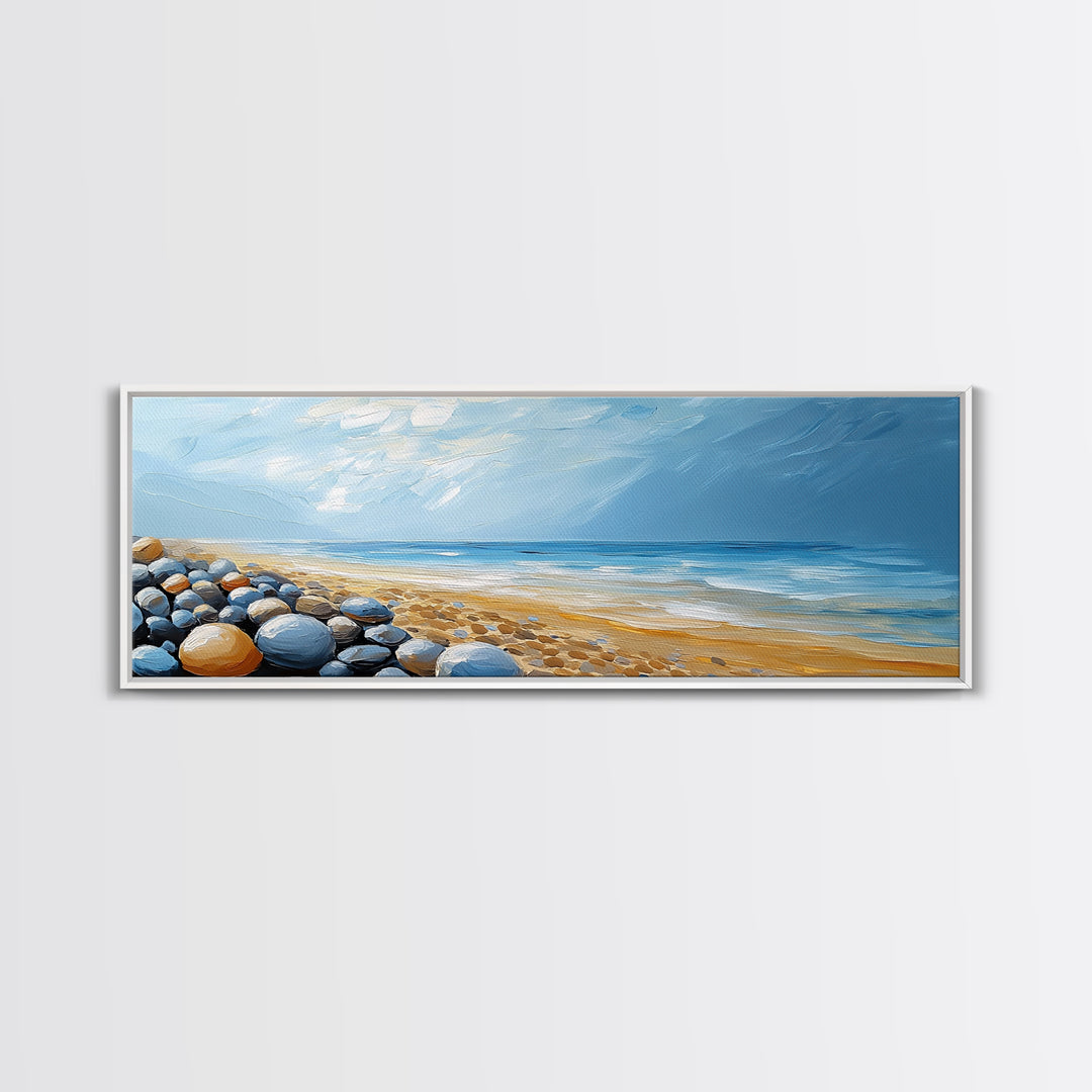 Pebble Beach Seascape Framed Canvas Print Coastal Landscape Wall Art, Serene Ocean Painting, Nautical Bathroom Decor, Minimalist Art