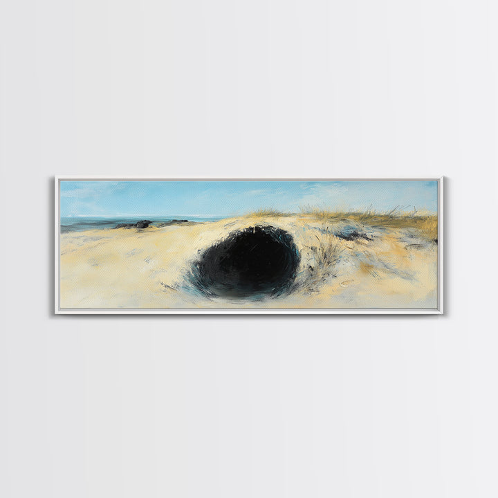 Desert Hole Mystery Framed Canvas Print - Surreal Sand Dune Painting, Minimalist Earthy Wall Art, Unique Living Space