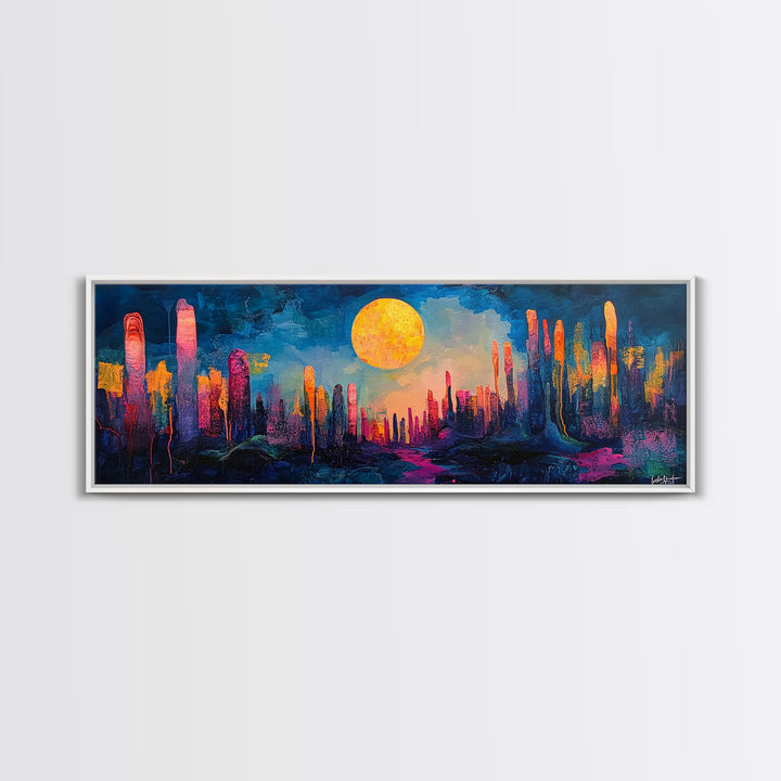 Neon Moon Fantasy Canvas Print - Vibrant Sci-Fi Cityscape Painting, Psychedelic Wall Art, Trippy Room Aesthetic, Urban Decor