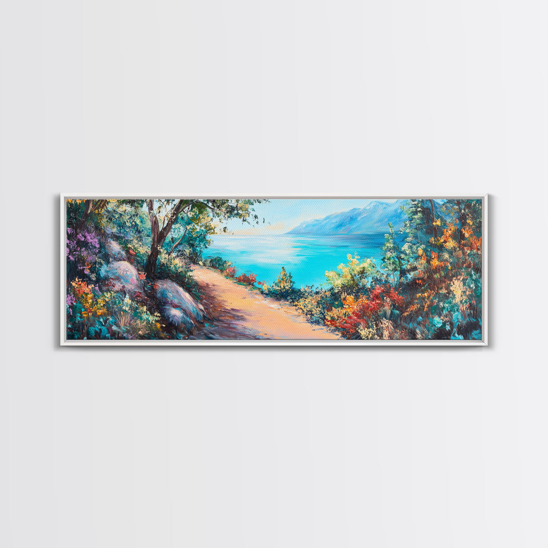 Coastal Pathway Painting Vibrant Beach Landscape Art Mediterranean Seaside Wall Decor Nature Artwork Living Room