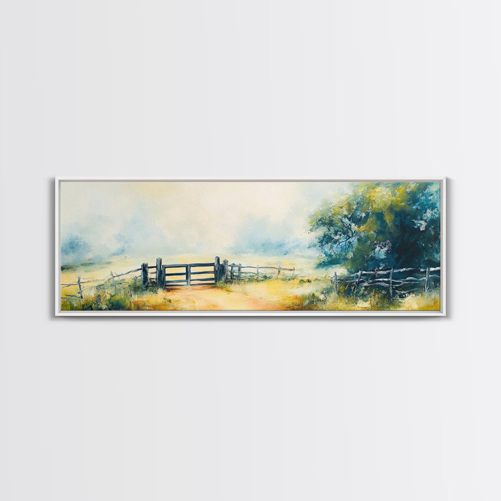 Country Gate Painting Rustic Farmhouse Landscape Art Tranquil Field Wall Decor Cozy Pastoral Artwork Entryway
