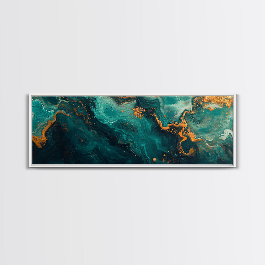 Abstract Fluid Painting Turquoise and Gold Swirl Wall Art Marble Aesthetic Artwork Luxury Modern Decor Dining Room