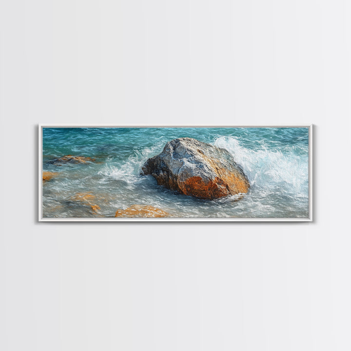 Ocean Rock Waves Framed Canvas Print Coastal Nature Wall Art, Beach Landscape Painting, Rustic Seascape Decor, Home Accent