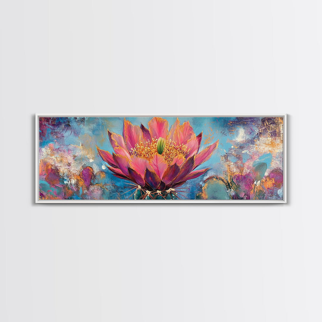 Blooming Cactus Art Framed Canvas Print Boho Floral Wall Art Desert Home Decor Vibrant Succulent Painting Southwestern Gift