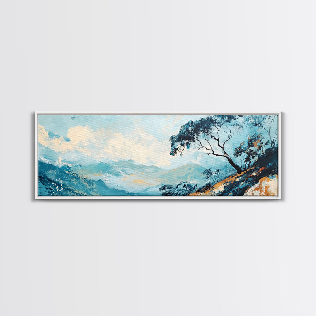 Blue Mountains, Windswept Tree, Minimalist Wall Art, Canvas Print, Modern Landscape, Bedroom Decor, Serene Nature Painting, Abstract Art