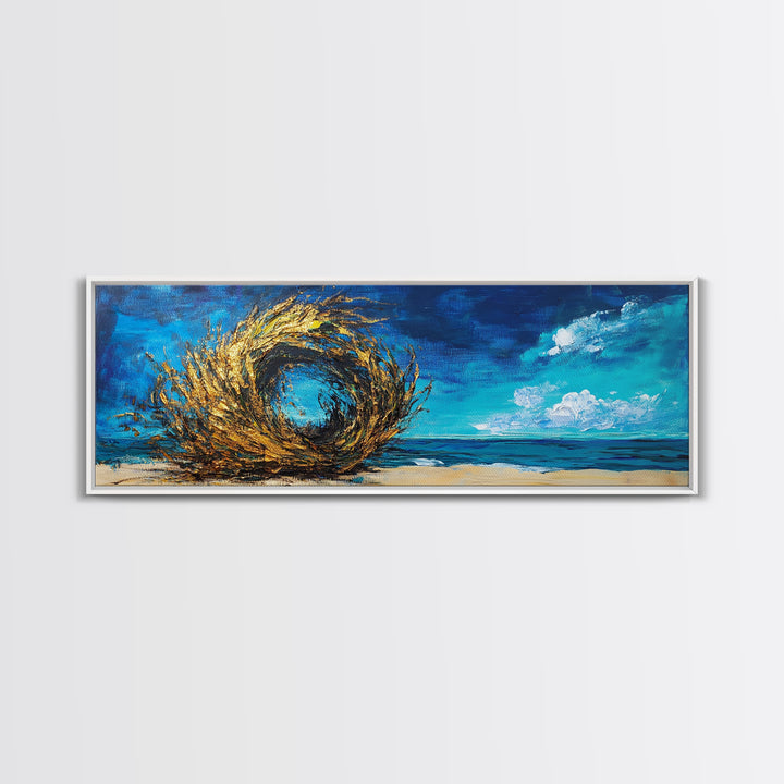 Ocean Swirl, Golden Waves, Abstract Beach Art, Framed Canvas Print, Modern Coastal Decor, Statement Wall Art, Ocean Vortex, Vibrant Blue
