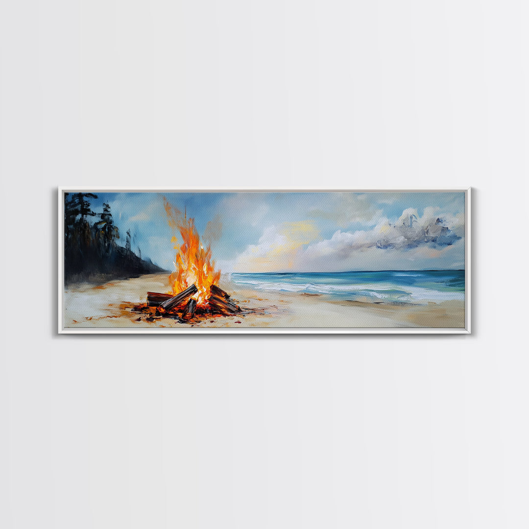 Beach Bonfire Glow Framed Canvas Print Coastal Sunset Wall Art Ocean Retreat Decor Vibrant Campfire Painting Summer Gift