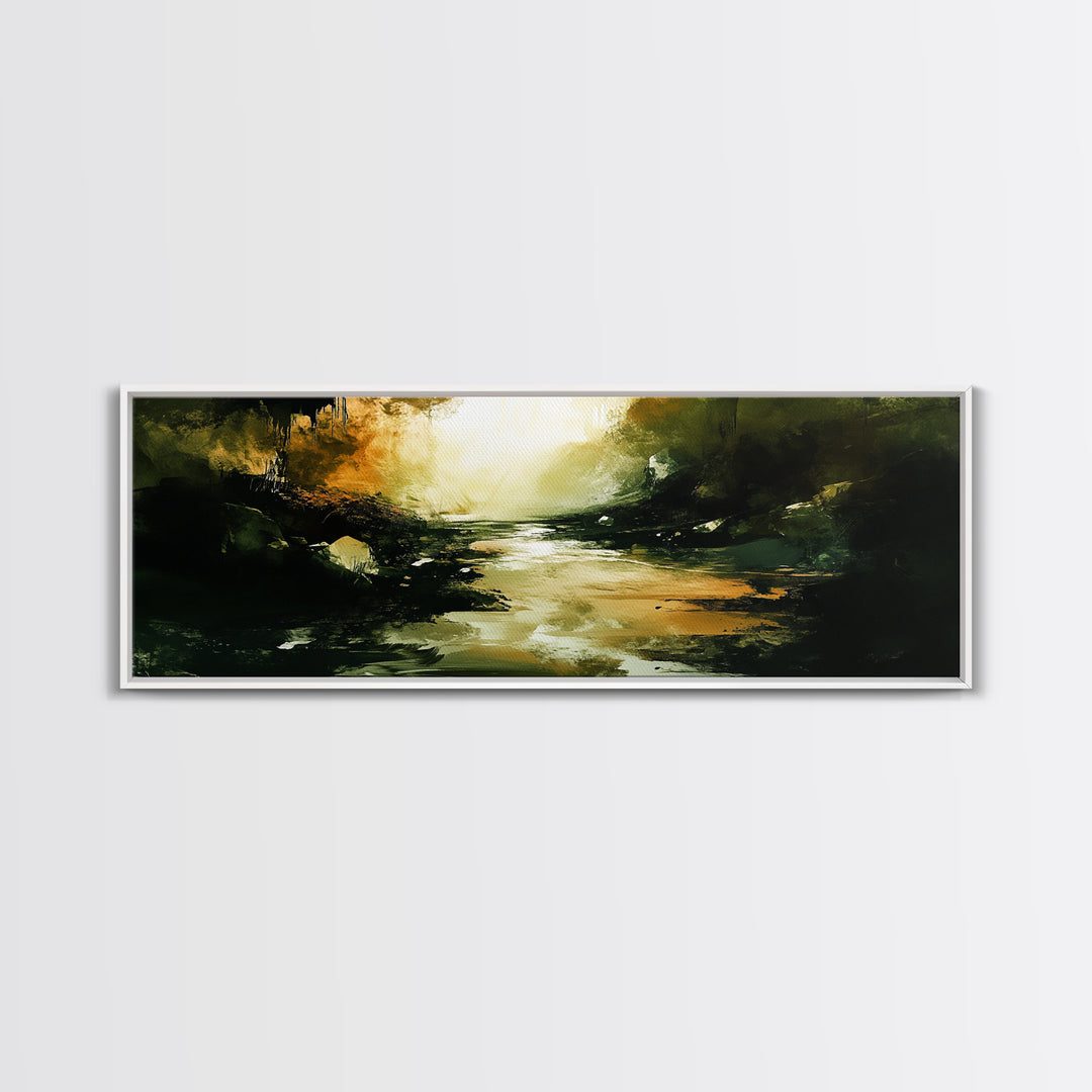 Dark Fantasy River Painting, Moody Abstract Landscape, Green and Gold Mystical Wall Art, Mysterious Hallway Decor, Framed Canvas Print