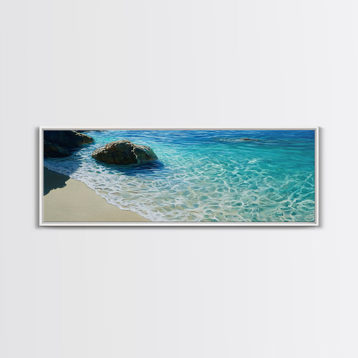 Ocean Shoreline Framed Canvas Print Coastal Beach Wall Art, Large Seascape Painting, Blue Sea Waves, Nautical Art, Bedroom Decor