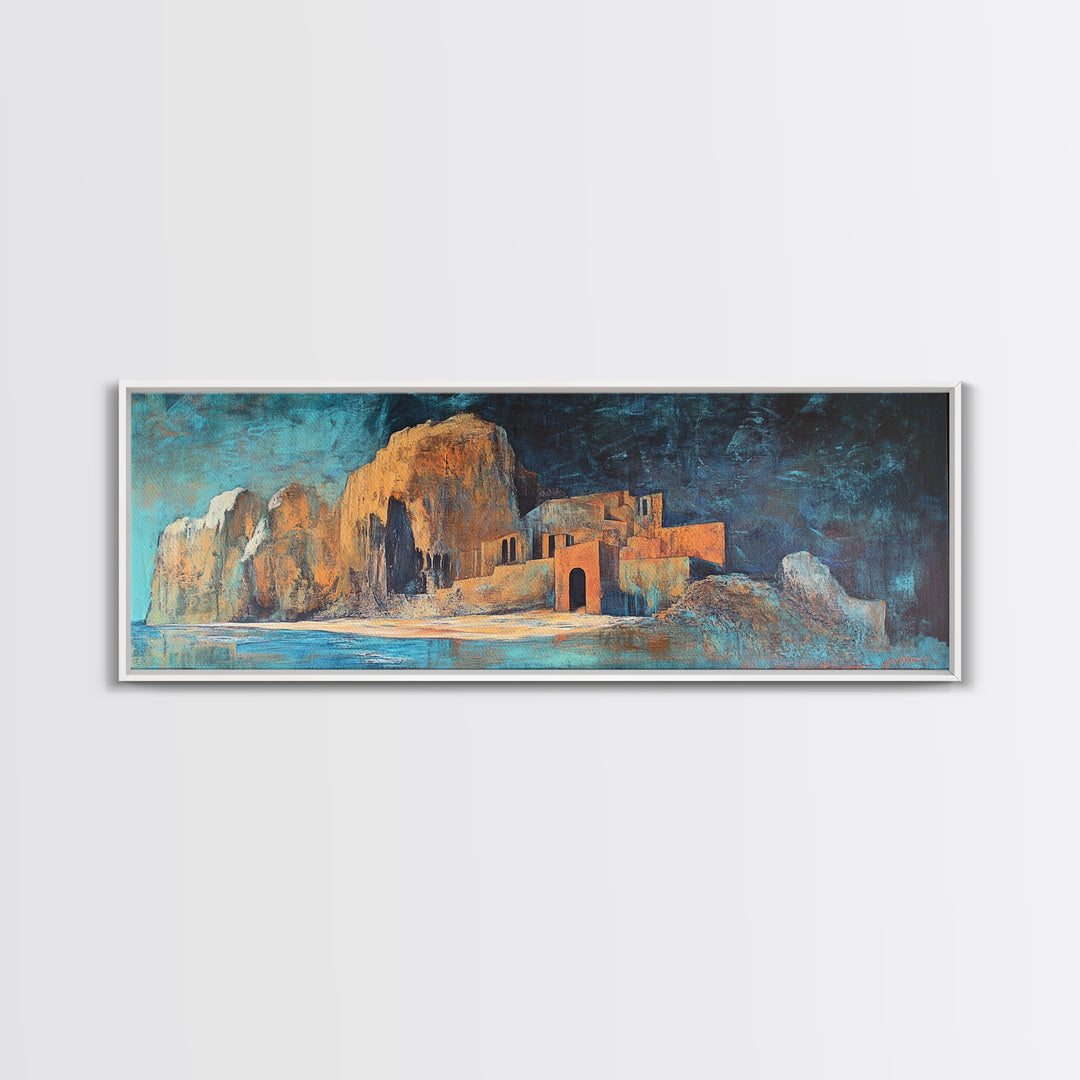 Ancient Ruins Canvas Print Rustic Landscape Wall Art, Mediterranean Decor, Boho Earthy Art, Dark Blue and Orange, Living Room Artwork