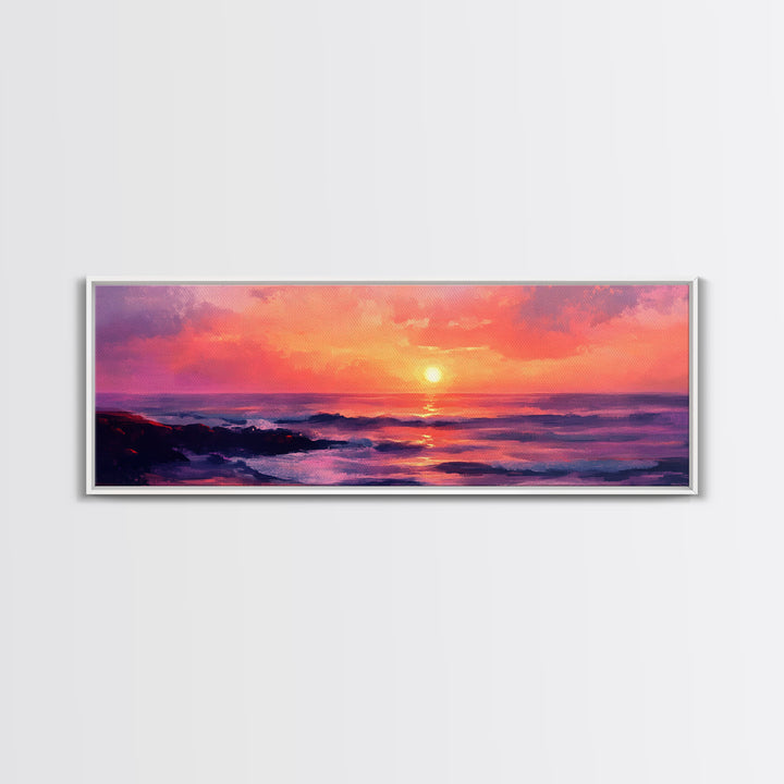 Ocean Sunset Framed Canvas Print, Pink Sky Seascape, Coastal Landscape Wall Art, Beach House Decor, Relaxing Home Aesthetic