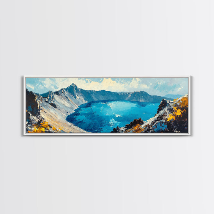 Crater Lake Landscape Framed Canvas Print Majestic Mountain Wall Art, Textured Impasto Painting, Nature Inspired Living Room Decor