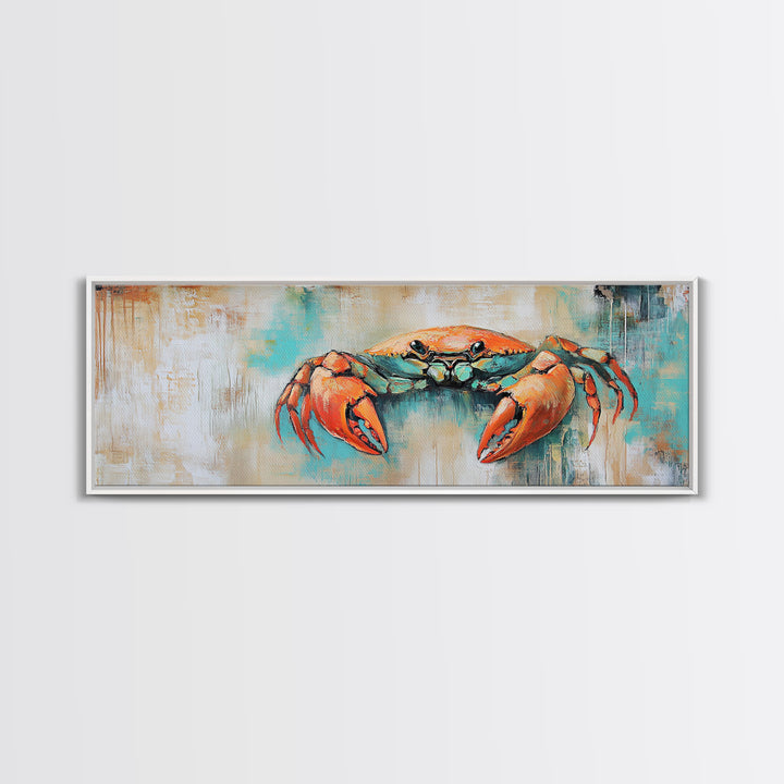 Rustic Crab Art Framed Canvas Print Coastal Nautical Wall Decor, Beach House Kitchen Art, Textured Ocean Painting, Living Room Accent