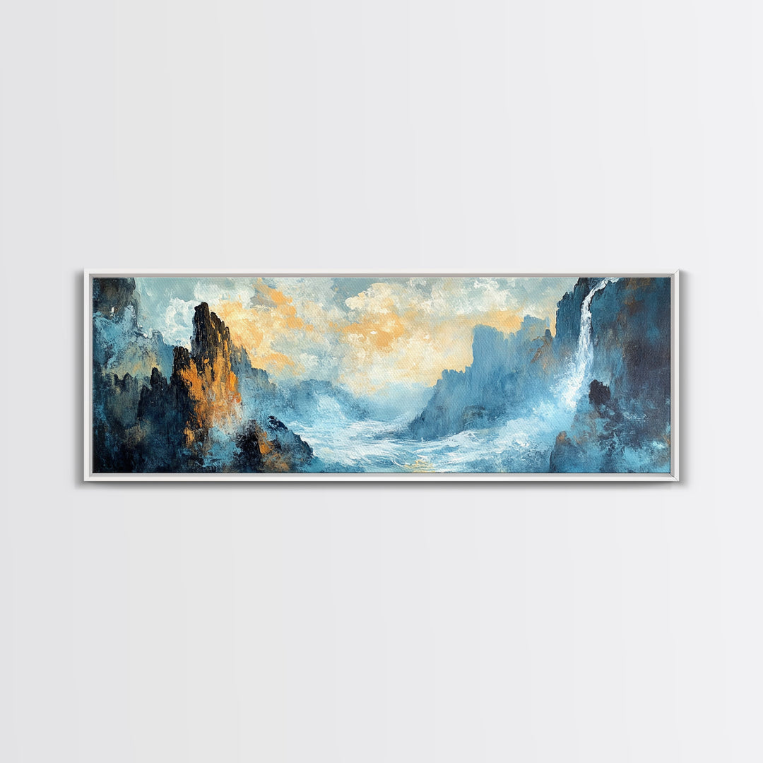 Abstract Mountain Waterfall Wall Art, Moody Landscape Painting, Modern Nature Art, Statement Artwork, Office Wall Decor
