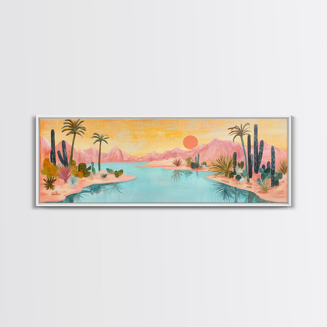 Desert Oasis Landscape Wall Art, Cactus and Palm Trees Painting, Boho Sunset Artwork, Southwest Home Decor, Warm Pink Art