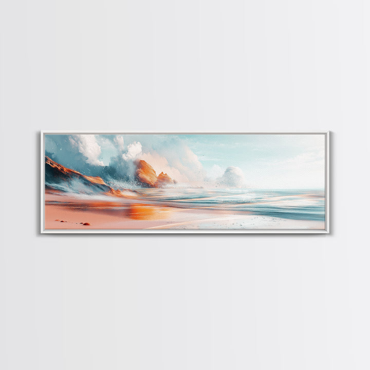 Ocean Wave Sunset Wall Art, Beach Coastal Painting, Serene Seascape Artwork, Relaxing Nautical Decor, Modern Home Accent