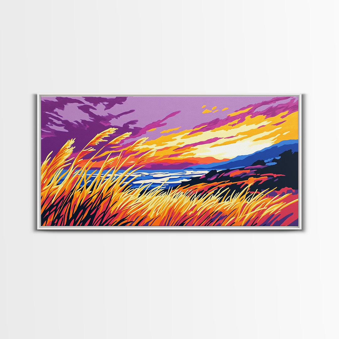 Ocean Sunset Grass, Framed Canvas Print, Coastal Wall Art, Vibrant Nature Painting, Boho Landscape, Beach House Decor, Living Room Art